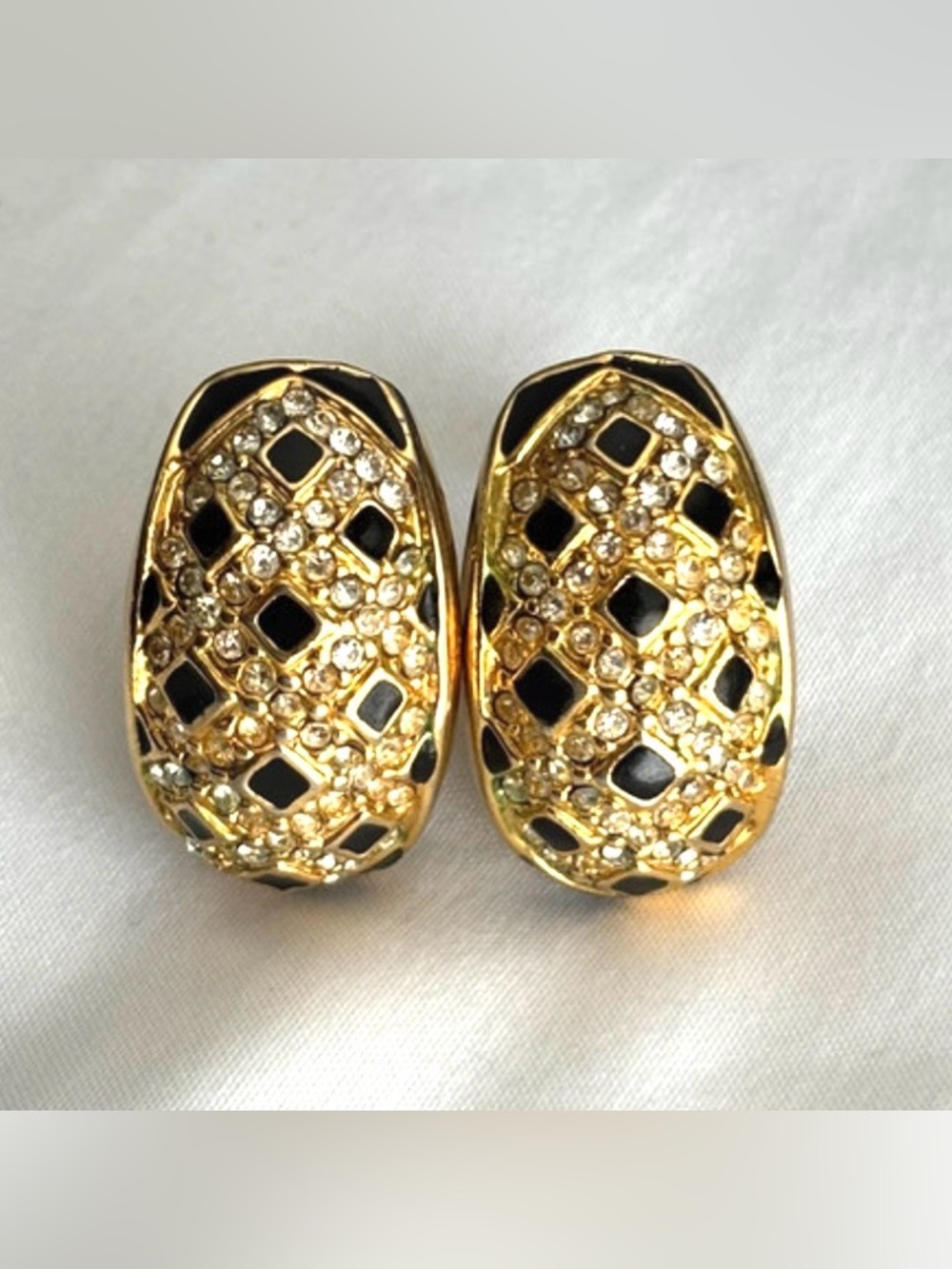 Vintage Clip On Earrings Black Enamel Gold Tone Rhinestone 80s